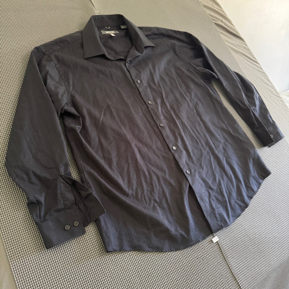 Kenneth Cole Reaction Mens XL 17 32-33 Black Striped Wrinkle Free Dress Shirt